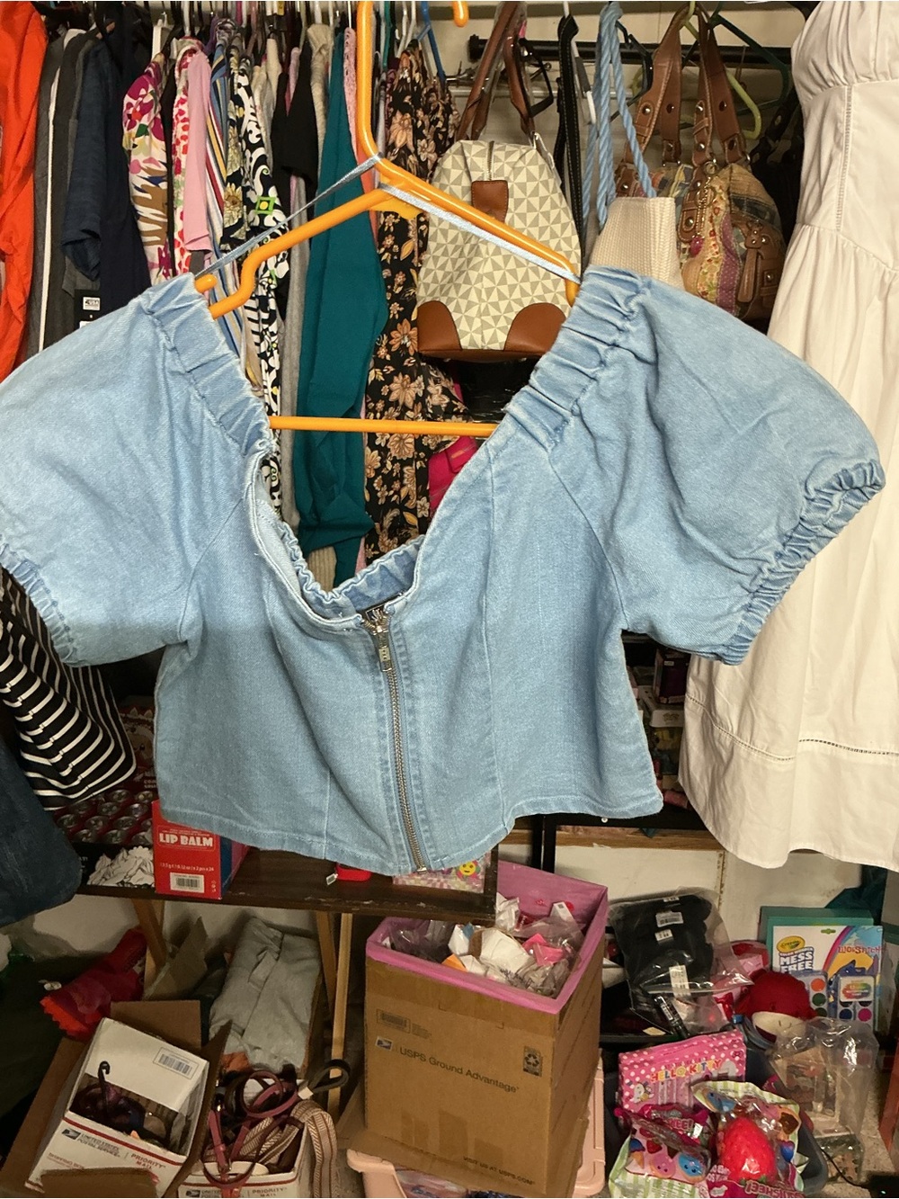 Light Blue Denim Puff-Sleeve Zip Crop Top